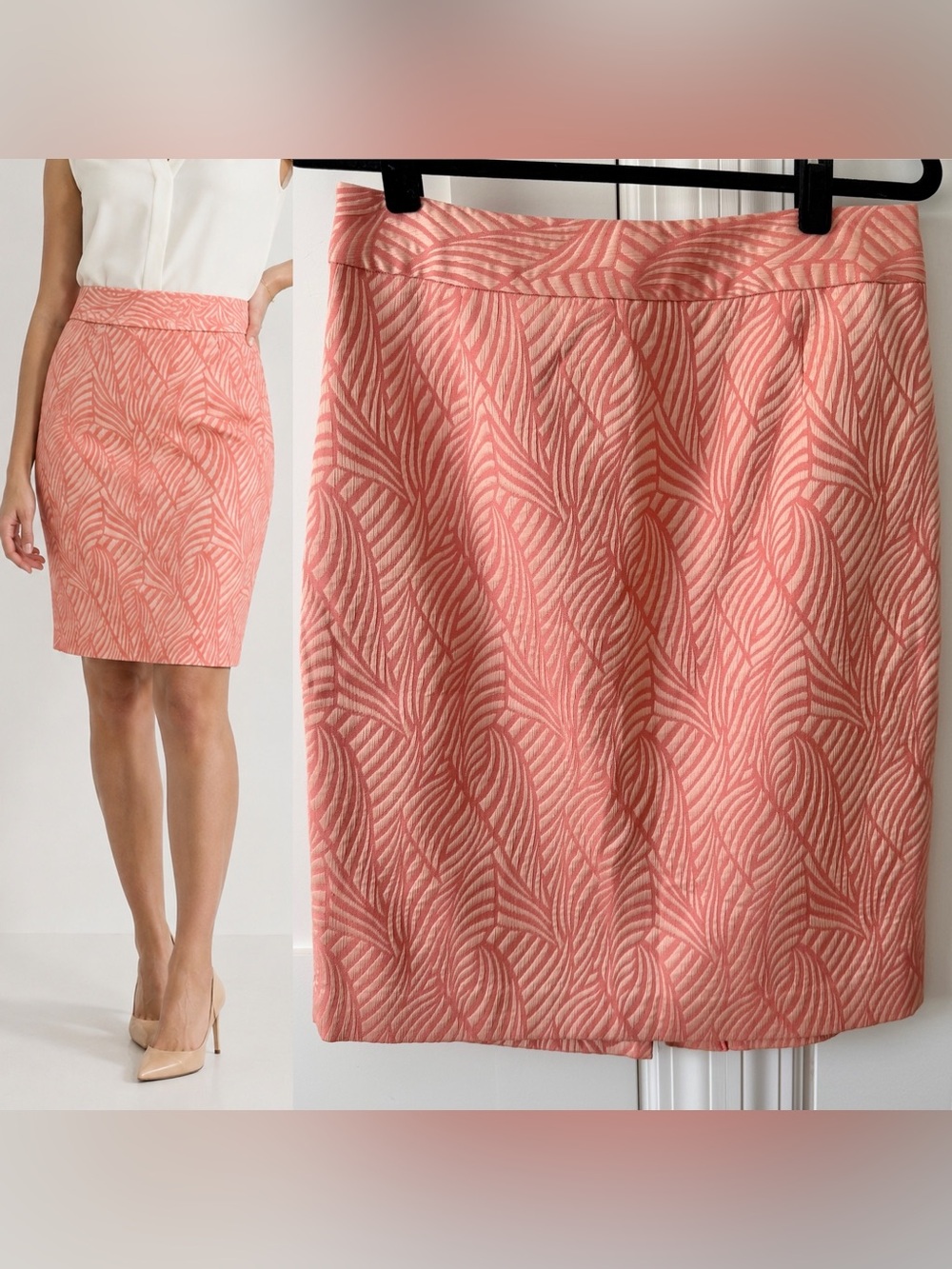 Calvin Klein Leaf Jacquard Pencil Skirt Coral Peach Sz 8